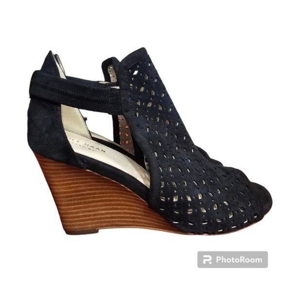 Cole Haan Black Edie Wedge Sandal Sz 7B Suede Cutout Upper 3.5" Heel Open Toe - Picture 1 of 9